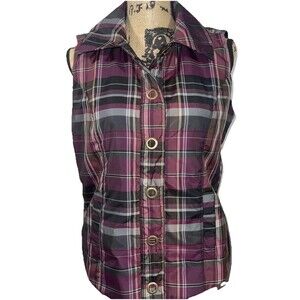 Drapers & Damons Vest Purple Plaid Snap Sleeveless Ladies Petite Small